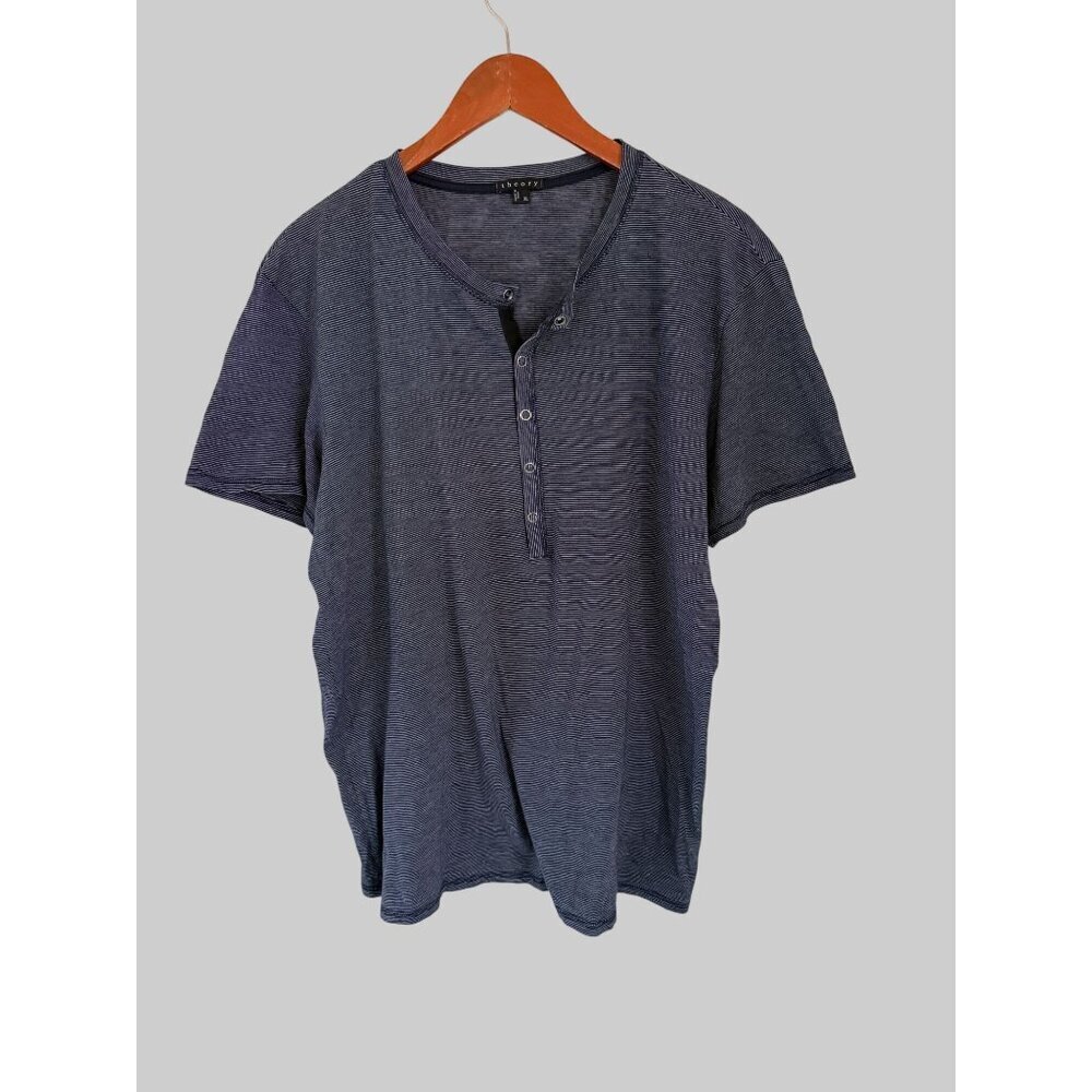 Theory Mens Striped Henley T-Shirt XL Navy Blue Soft Cotton Blend Short Sleeve C